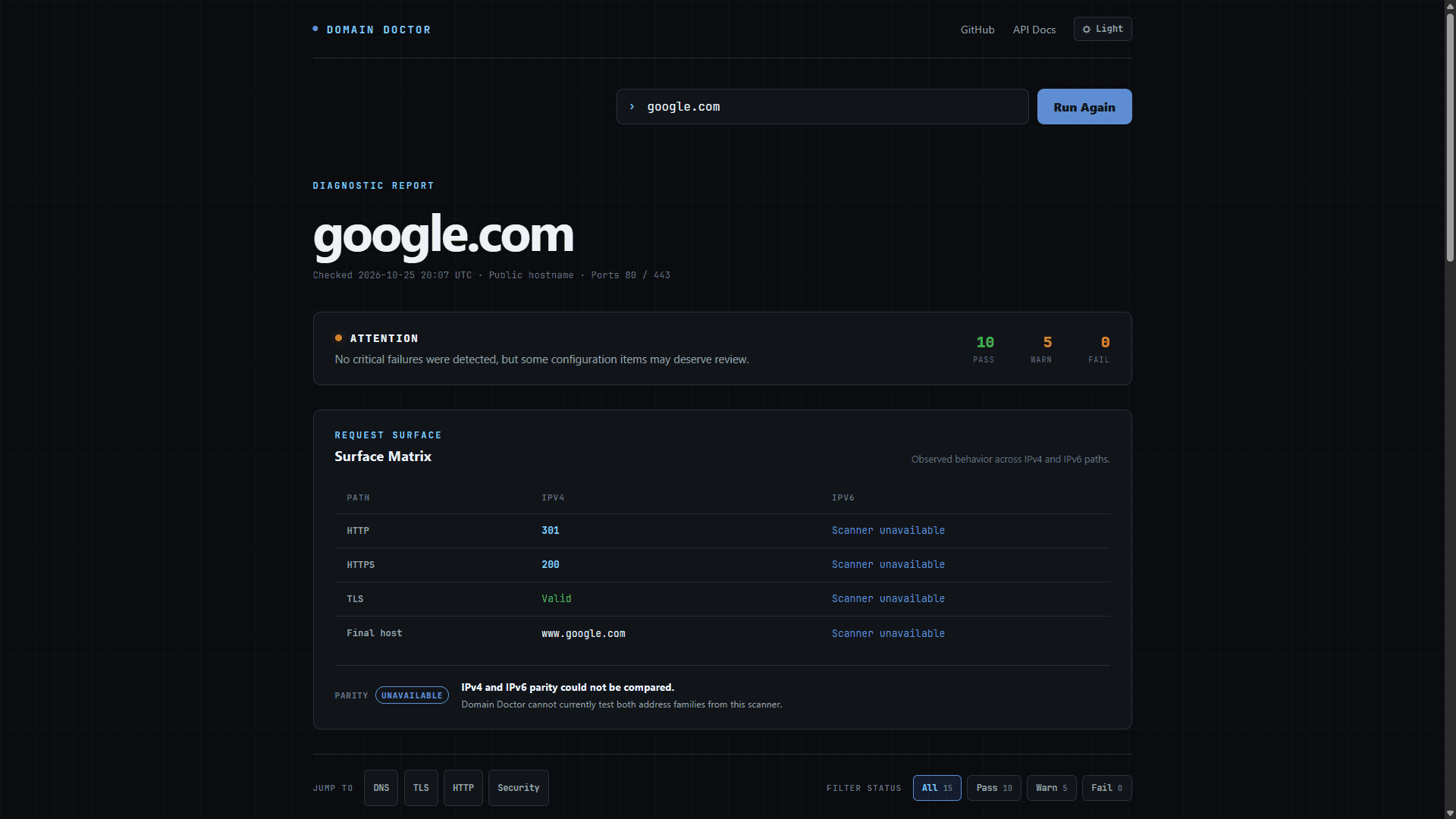 Domain Doctor diagnostic results interface