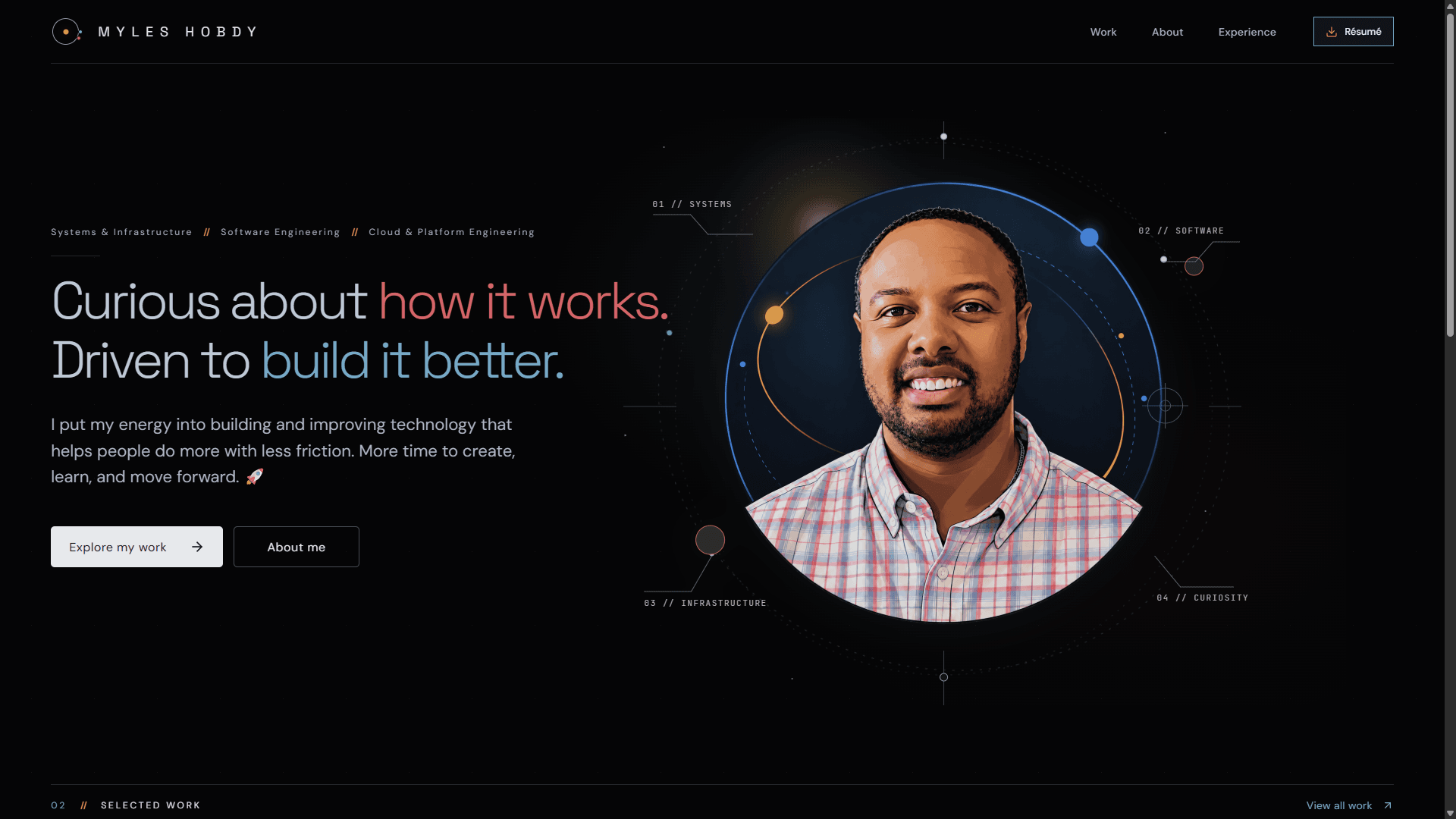 The Observatory portfolio homepage showing an orbital portrait and introduction